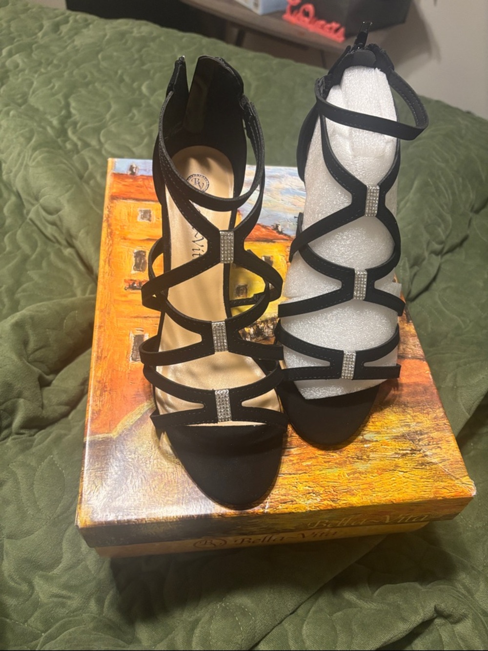 Bella Vita Black Strappy Rhinestone Heels